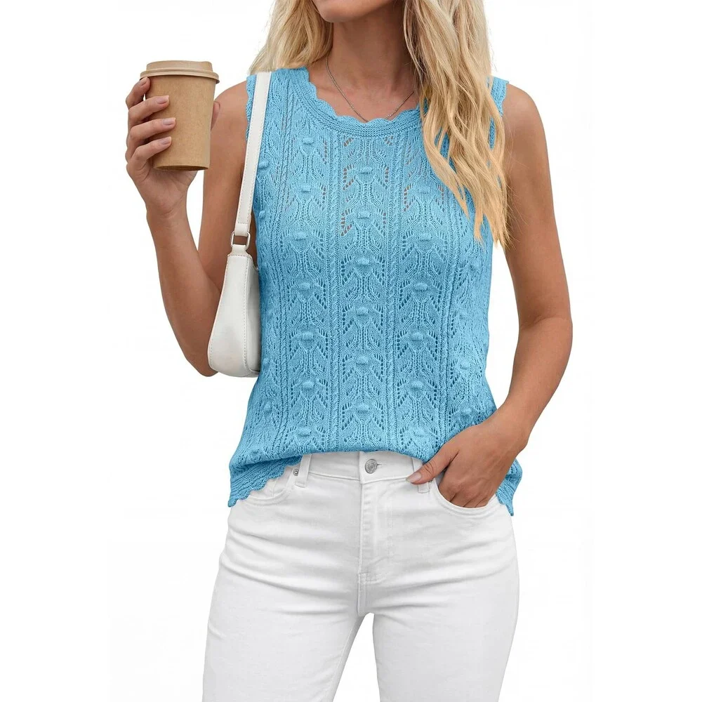 BTFBM Women's Blue Crochet Tops Sleeveless Knit Sweater Vest Tank Top Summer M
